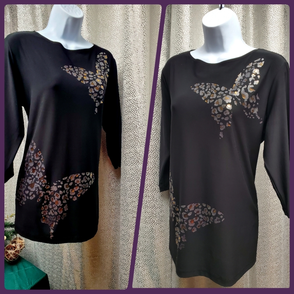Silver Butterflies on Black Tunic Top